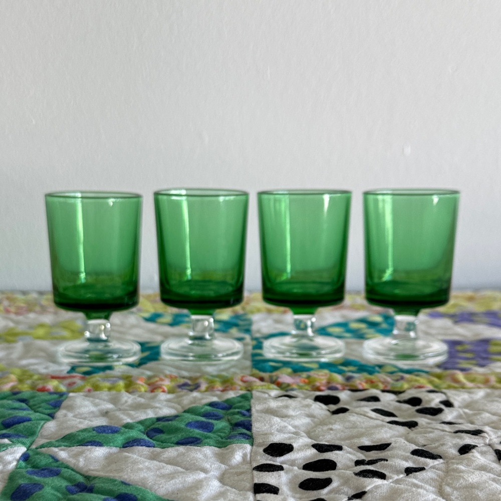 Vintage Luminarc Cavalier Green Stemmed Mini Liquor Shot Glasses Set of 4 France